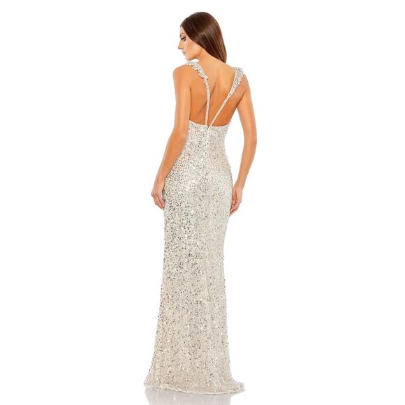 Mac Duggal 5674 Nude Silver Ruffled V-neckline Sequined Sheath Dress 0 NWT - Picture 2 of 8